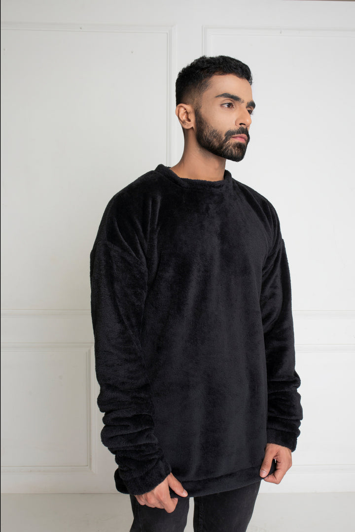 Midnight Black Fur Oversized Pullover